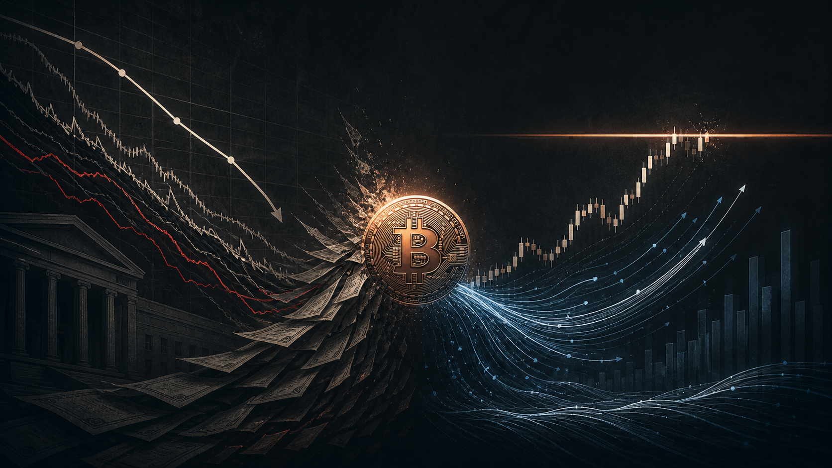 A copper Bitcoin symbol sits between a stressed Treasury yield chart and rising blue liquidity lines that stop at a bright resistance level.