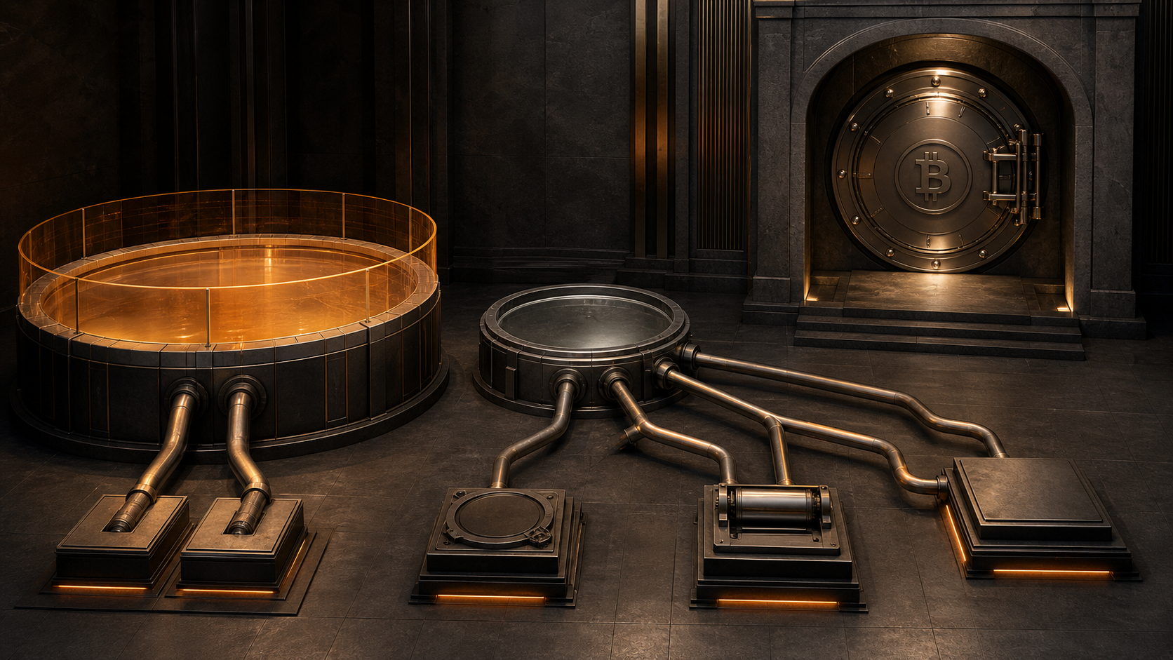 Two distinct dollar reservoirs sit beside a secured bitcoin vault: one pipe is limited to dividends and interest, while the other branches toward bitcoin, debt and security repurchases.