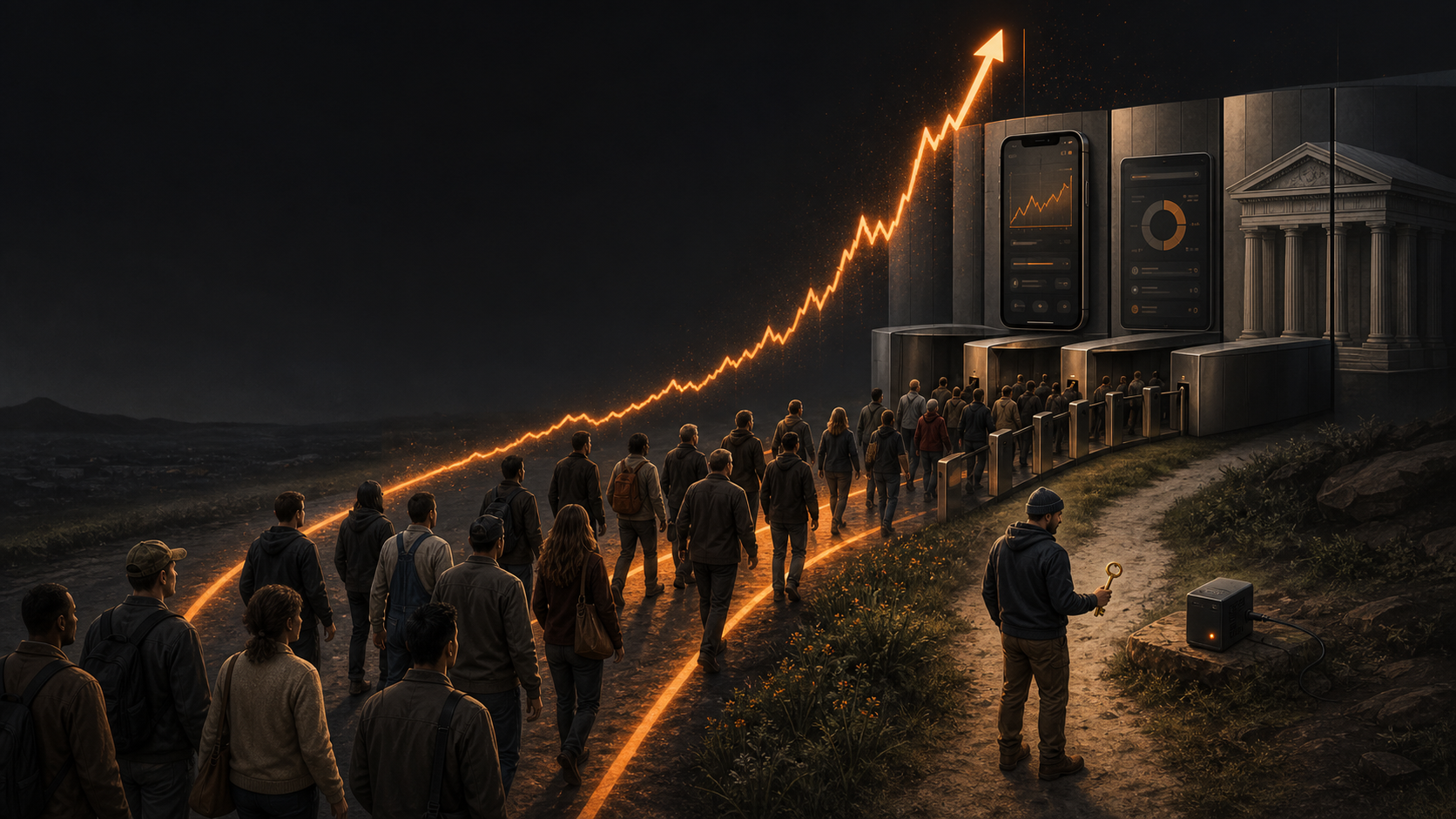 Ordinary people follow a rising orange Bitcoin chart toward a glossy exchange turnstile, while one person takes a smaller open path holding their own key beside a Bitcoin node.