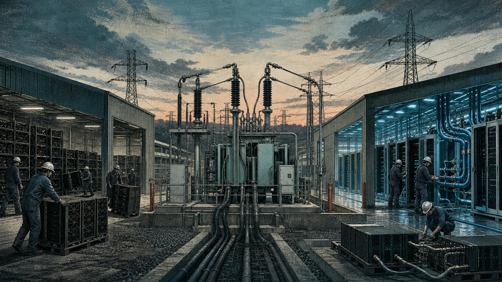 A large power substation feeds two diverging industrial halls: dark rows of Bitcoin miners being removed on one side and bright liquid-cooled AI racks being installed on the other.