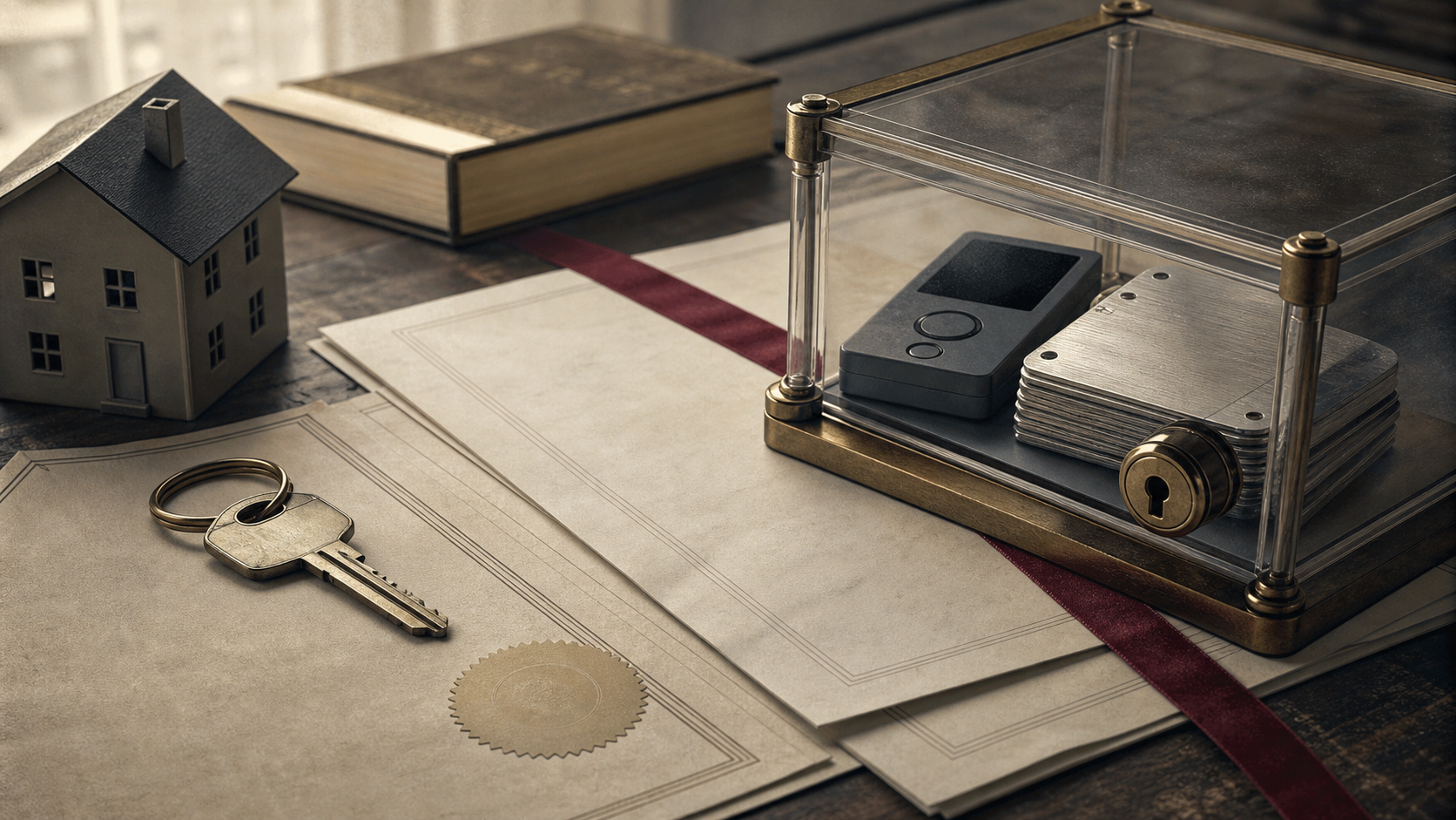 A house key and a Bitcoin hardware key sit on opposite sides of a legal closing table, joined by a red collateral ribbon that passes into a locked institutional vault.