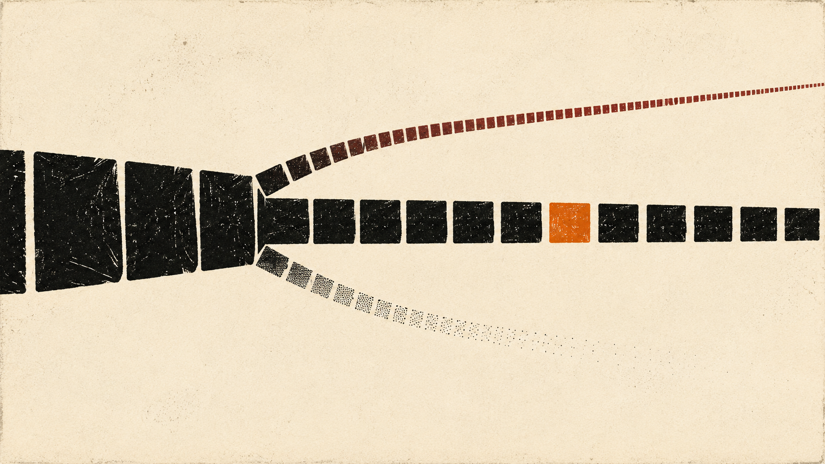 A woodcut-style diagram shows one chain of blocks splitting into three: a heavy steady chain continuing evenly, a thin chain of tightly packed small blocks racing ahead, and a faint dotted chain fading out.