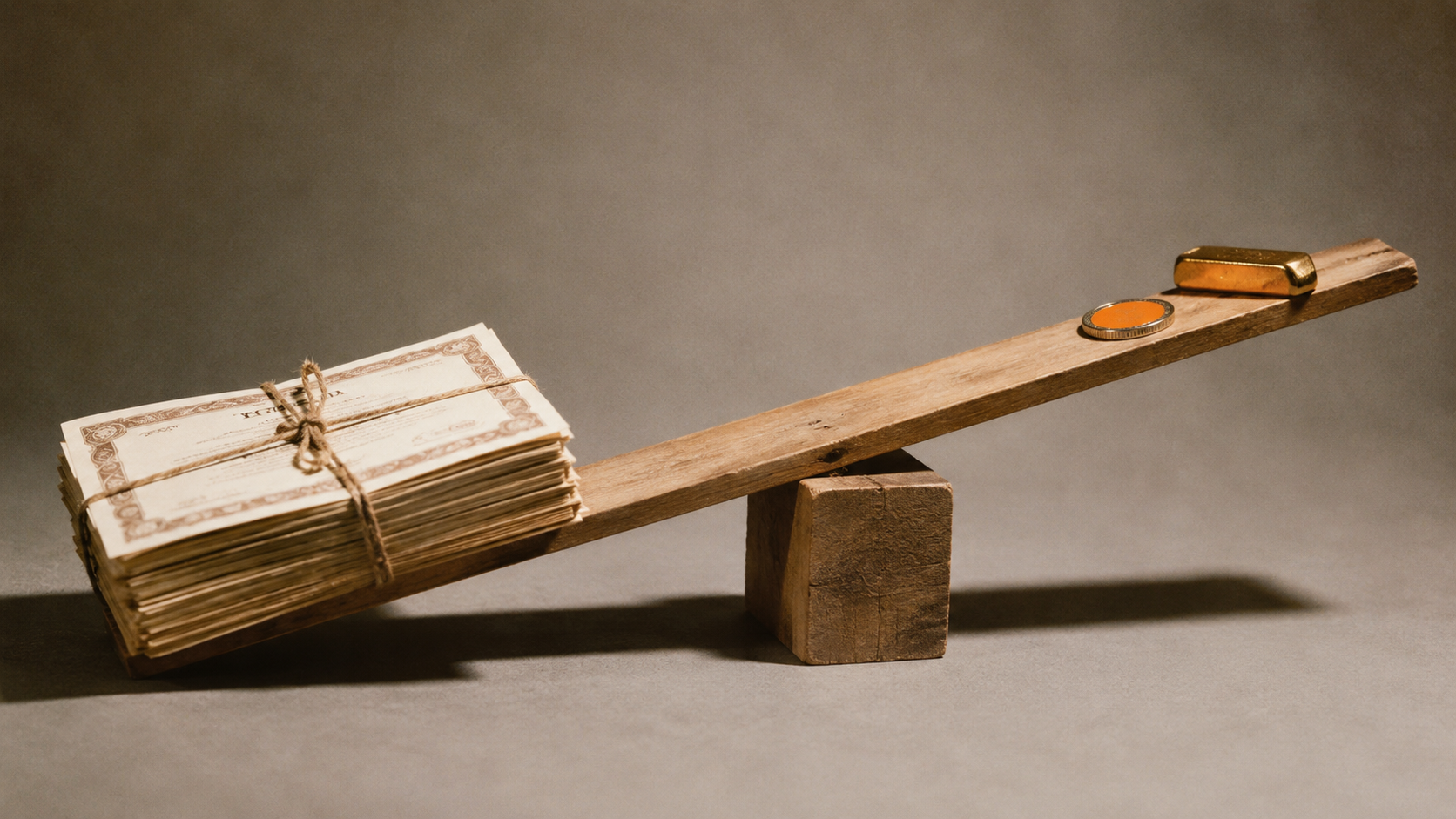 Studio photograph of a wooden seesaw: a thick bundle of paper certificates presses one end to the table while an orange coin and a small gold bar sit on the raised end, about to slide off.