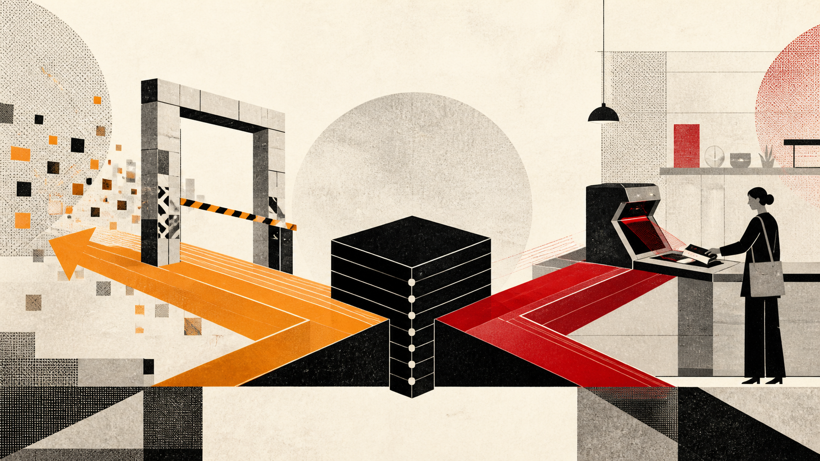 Two geometric financial routes diverge: an orange bearer-asset path passes through an outward border gate while a red central-bank path terminates at a domestic checkout scanner.