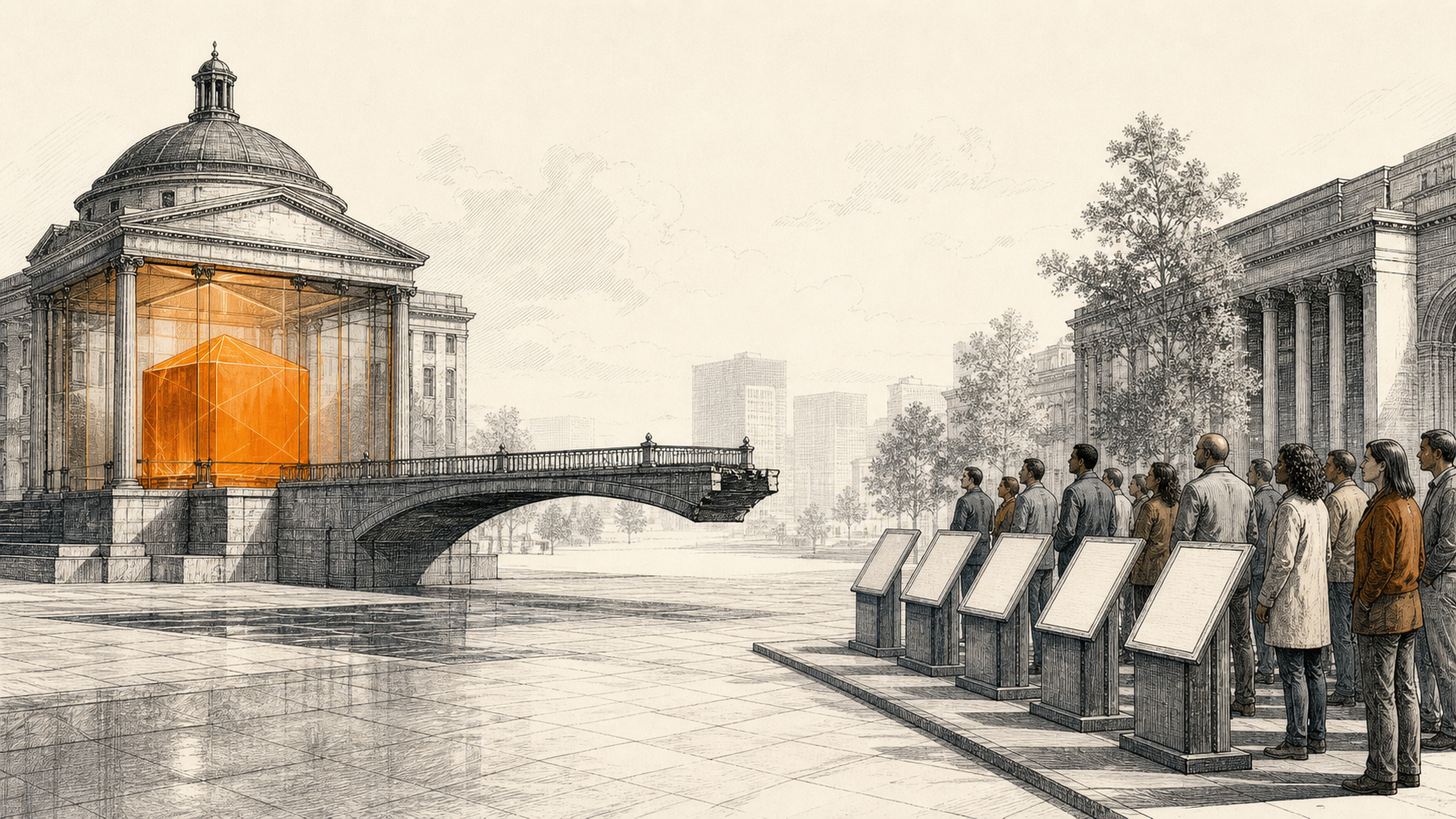 A transparent civic treasury pavilion contains an orange reserve block while an unfinished bridge stops before reaching citizens standing beside blank ownership records.