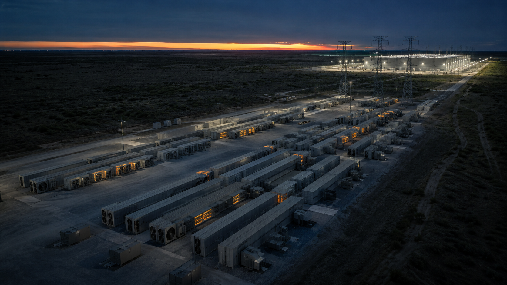 Aerial dusk photograph of a large modular mining campus where most container rows are dark and a few glow amber, with power lines running toward a brightly lit windowless data-center hall on the horizon.