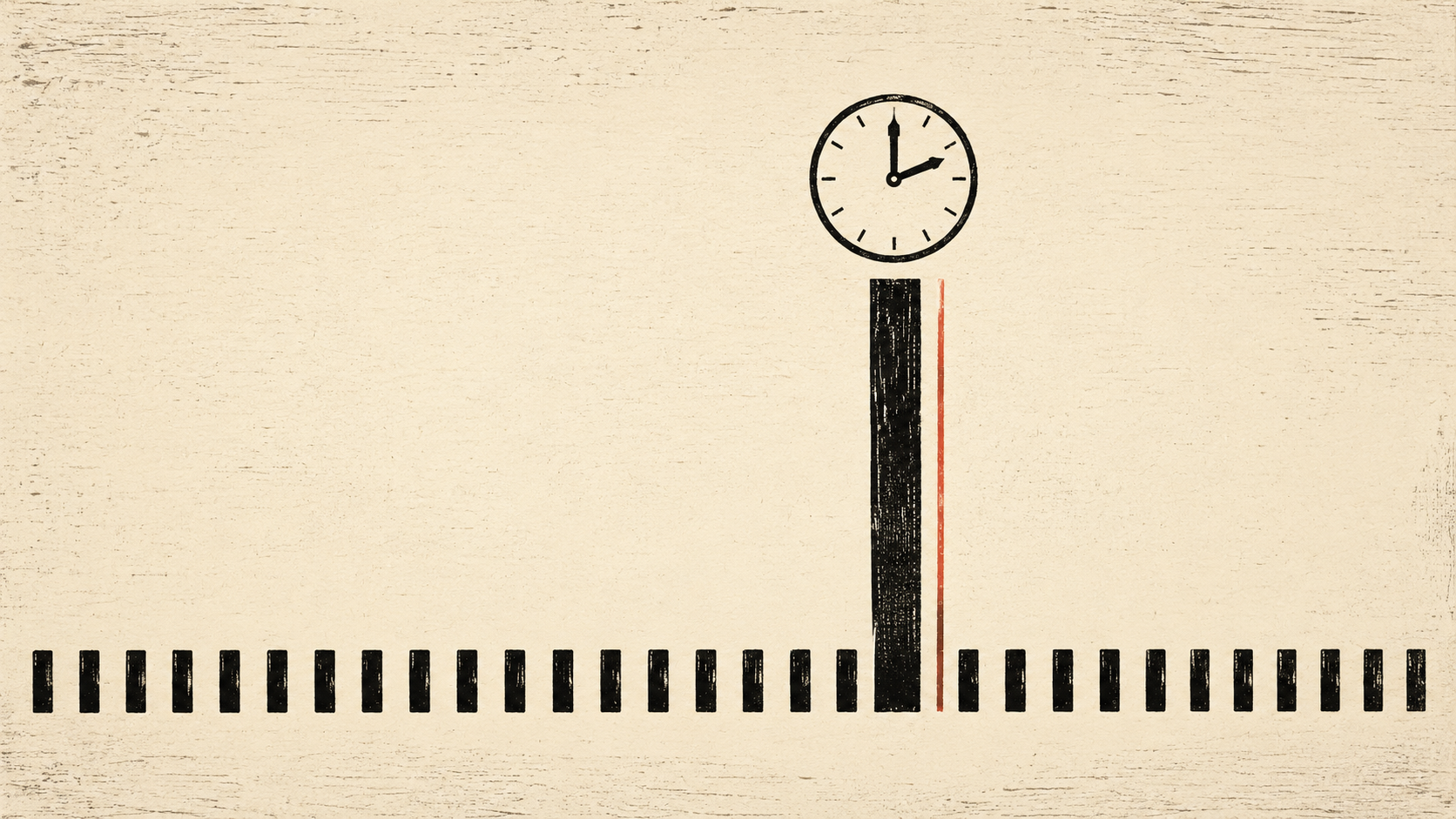 A woodcut-style illustration: a long row of short, evenly spaced black strokes runs across cream paper, broken by one stroke that rises far above the rest, with a small clock face reading two o'clock above it.