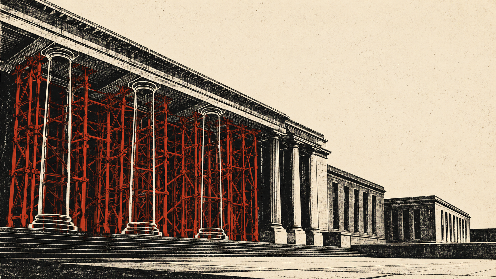 A two-colour print illustration of a classical institutional building. The front columns are drawn as hollow white outlines while a dense lattice of red scaffolding behind them visibly carries the weight of the roof.
