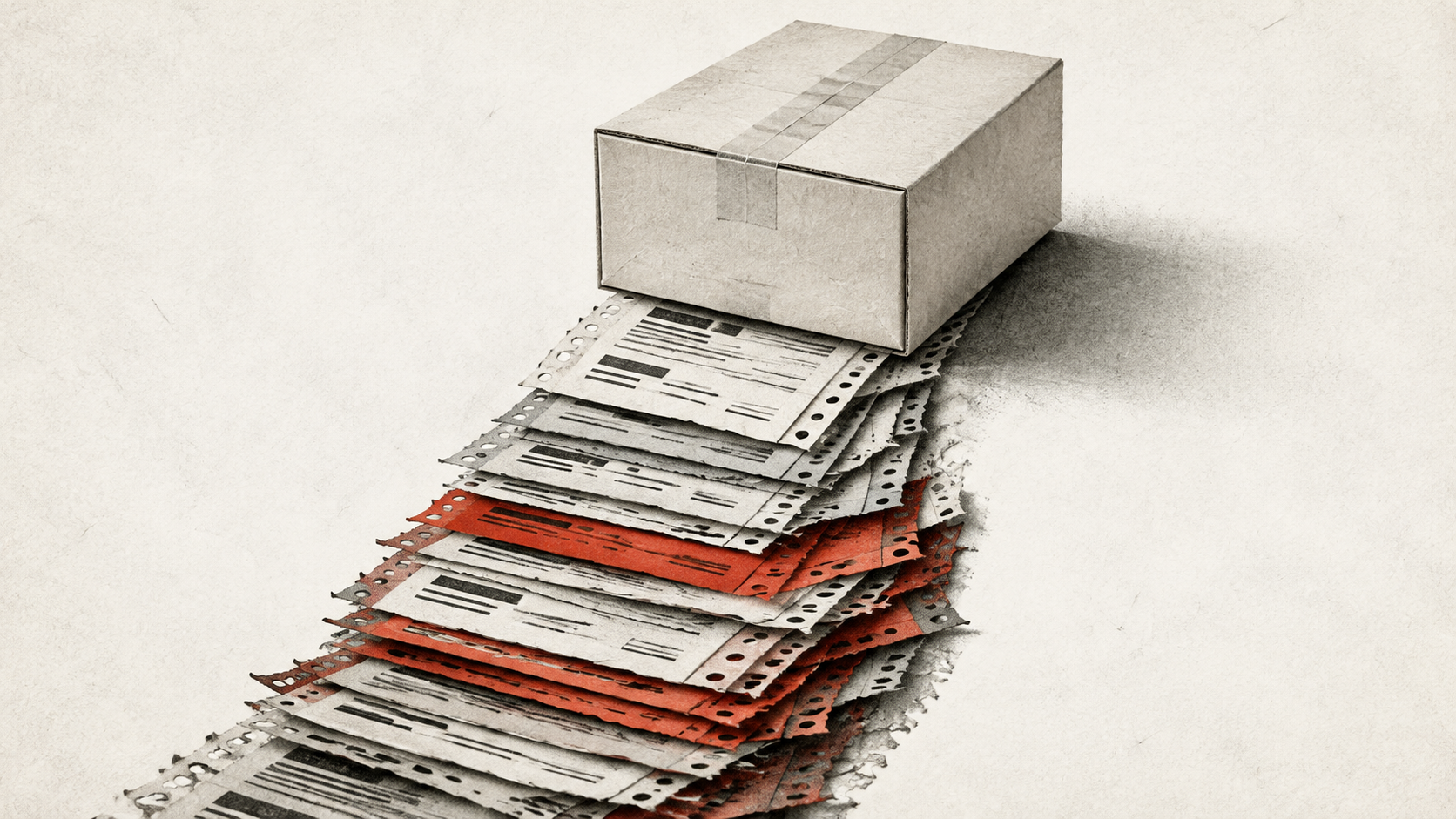 Editorial illustration of a sealed, unbranded parcel above a trail of layered shipping-record forms, with red-orange sheets among them.