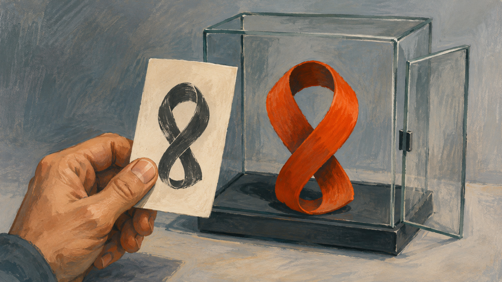 A hand holds a monochrome picture of a looping ribbon beside the orange ribbon itself in a glass case with its door open.