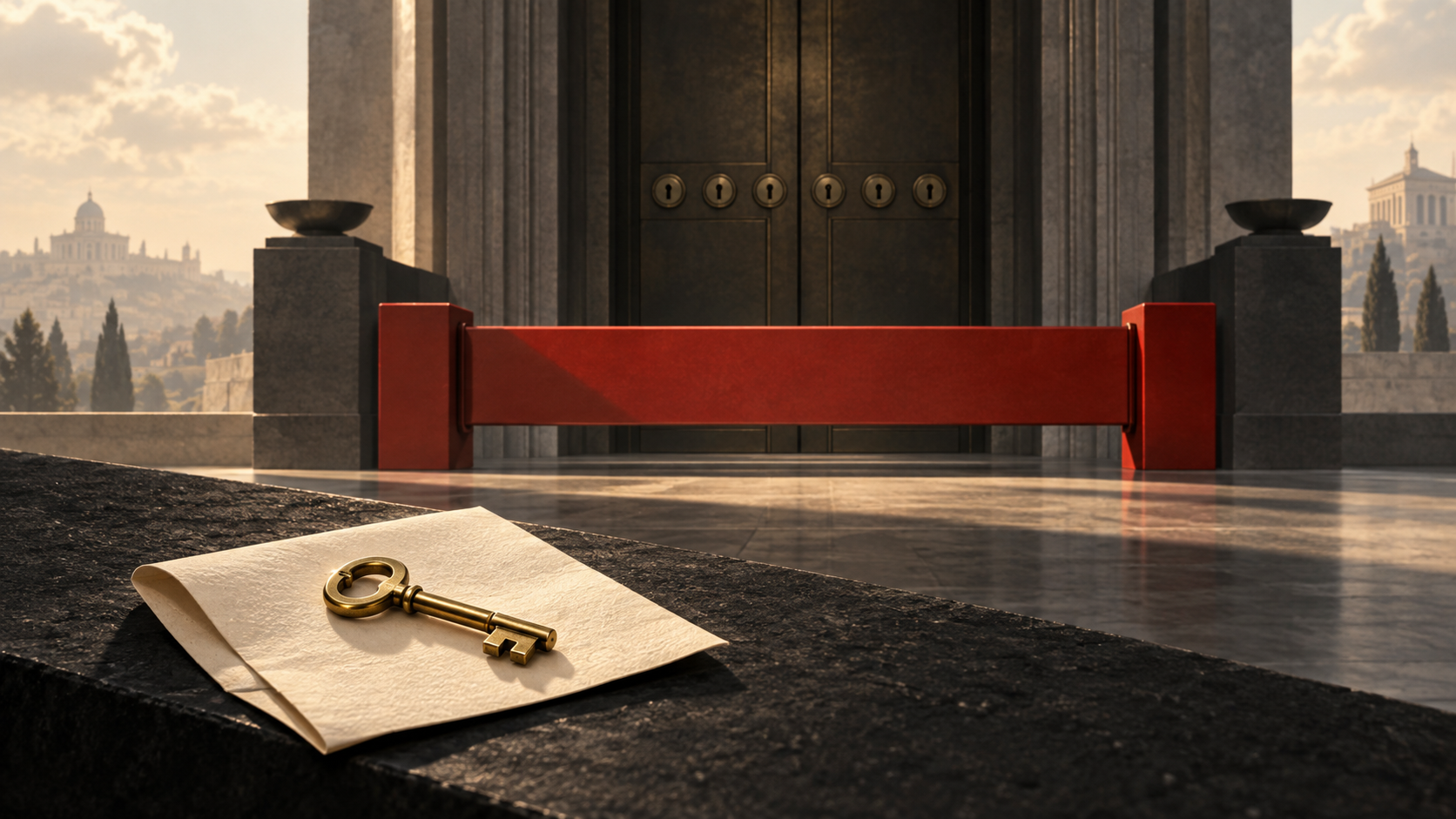 An intact brass key rests on folded paper in front of a closed institutional doorway behind a red barrier.