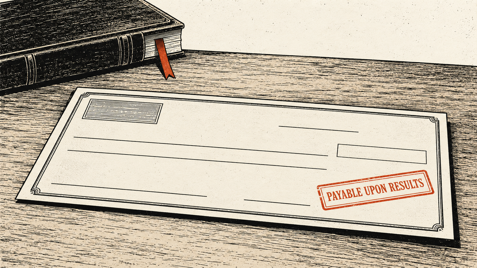 A woodcut-style ink drawing of a large blank cheque lying on a cream table, with one vermilion rubber-stamp impression in the corner reading PAYABLE UPON RESULTS, and a small closed ledger with a vermilion ribbon behind it.