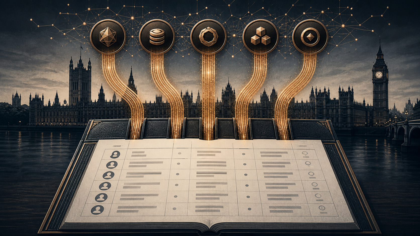 Five copper digital-value streams feed an official contribution ledger in front of the Westminster skyline.